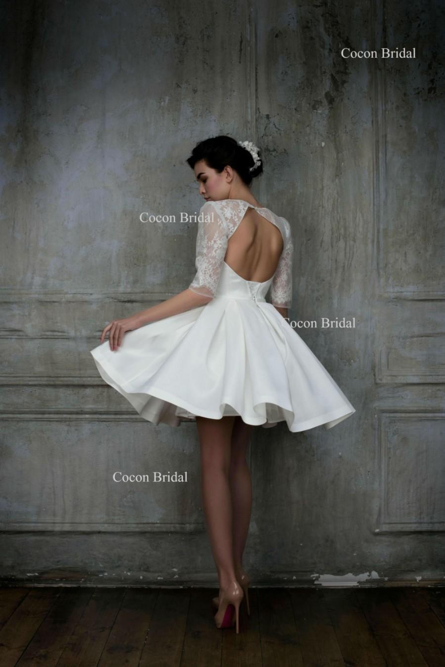Hochzeit - Short wedding dress, knee length gown, haute couture wedding dress, sleeves wedding dress, modern wedding dress, open back gown - "Volo"