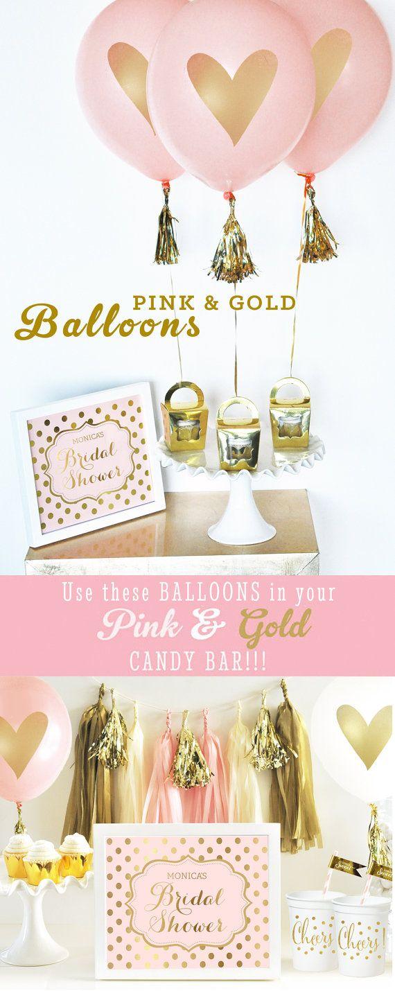Wedding - Bridal Shower Ideas - Bridal Shower Centerpiece Bridal Balloons Pink And Gold Balloons Gold Heart Balloons  (EB3110HRT) - SET Of 3 Balloons