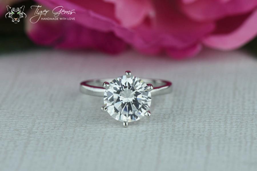 زفاف - 3 Carat Classic Solitaire Engagement Ring, Man Made Diamond Simulant, 6 Prong Wedding Ring, Bridal Ring, Promise Ring, Sterling Silver