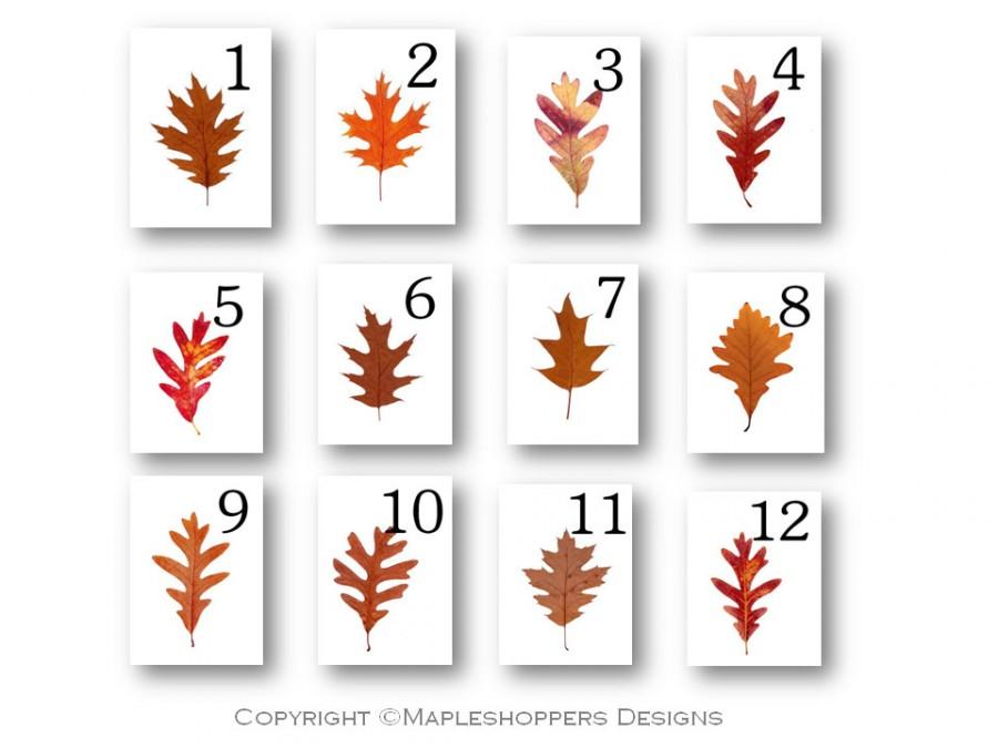 Wedding - INSTANT DOWNLOAD-Print Your Own-Assorted Brown Oak Leaf Table Numbers-12 Flat Cards 5x7 inches-PDF Format-Autumn Wedding-Thanksgiving etc