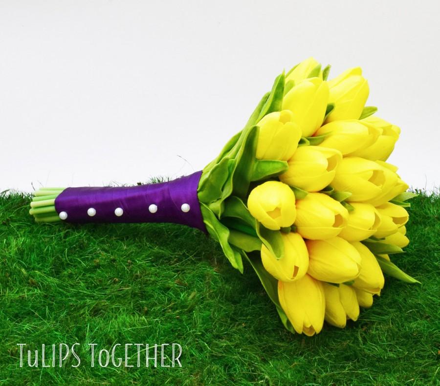 Свадьба - Yellow Real Touch Tulip Wedding Bouquet - Ready for Quick Shipment 2 Dozen Tulips Customize Your Wedding Bouquet Bridesmaid Bouquet