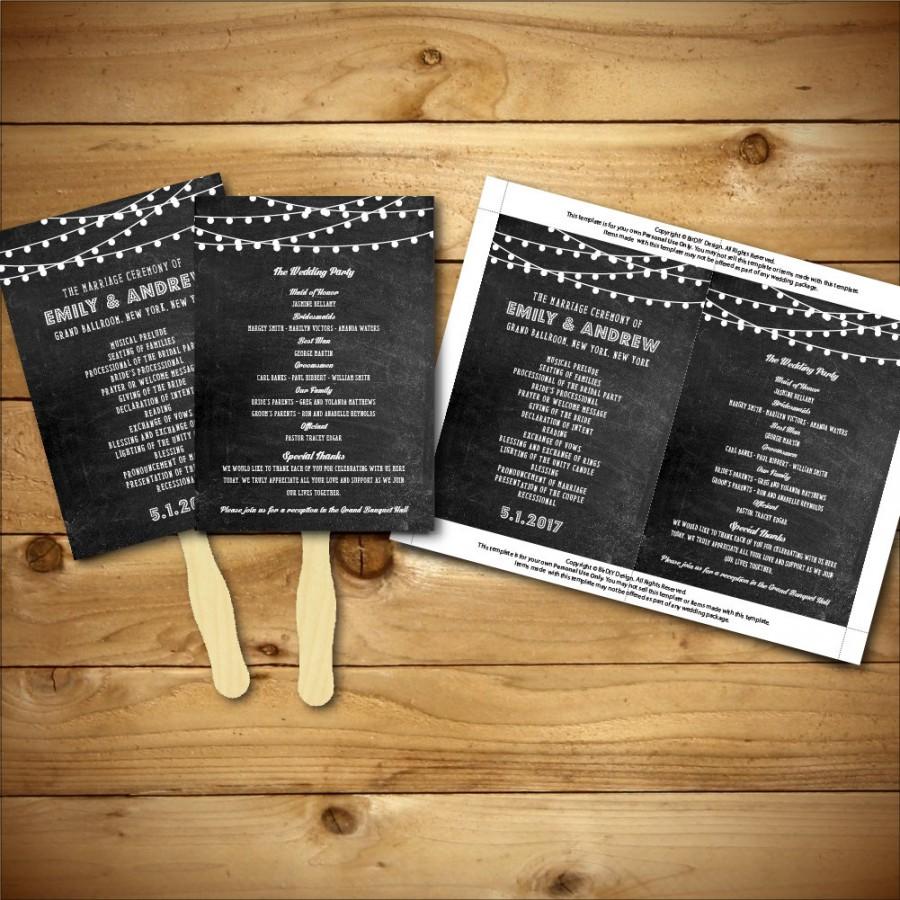 Wedding - Printable Chalk Wedding Fan Program Template - Grey & White - Instant Download - Editable MS Word Doc - String Lights Collection