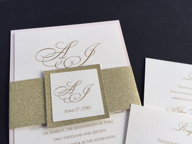 Mariage - SAMPLE - Glitter Wedding Invitations, Glitter Belly Bands, Glitter Wedding invitation, blush wedding invitation, blush and gold invitation