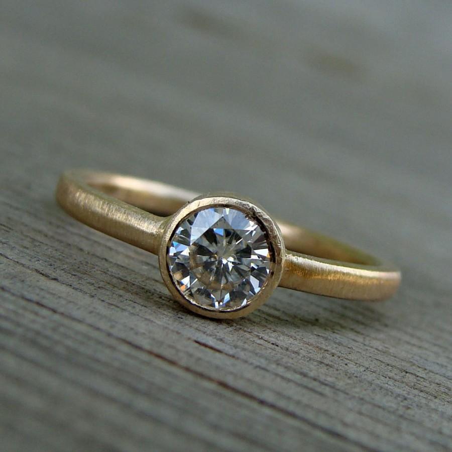 Hochzeit - Moissanite and Recycled 14k Yellow Gold Engagement Ring - Diamond Alternative - Made To Order