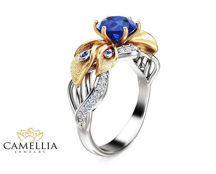 Hochzeit - Calla Lily Sapphire Engagement Ring Two Tone Gold Sapphire Ring  Unique Engagement Ring