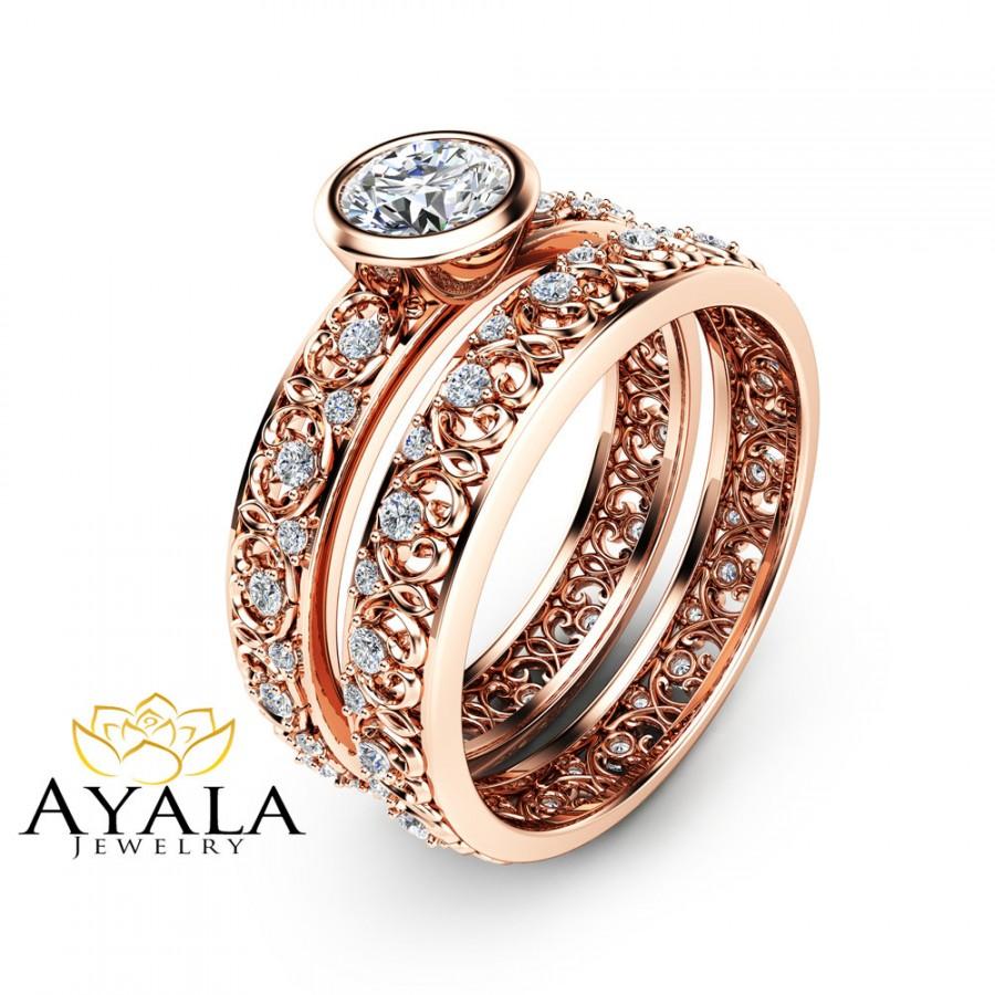 زفاف - 14K Rose Gold Vintage Engagement Rings Natural Diamond Bezel Bridal Rings Engagement Ring Set Unique Vintage Rings
