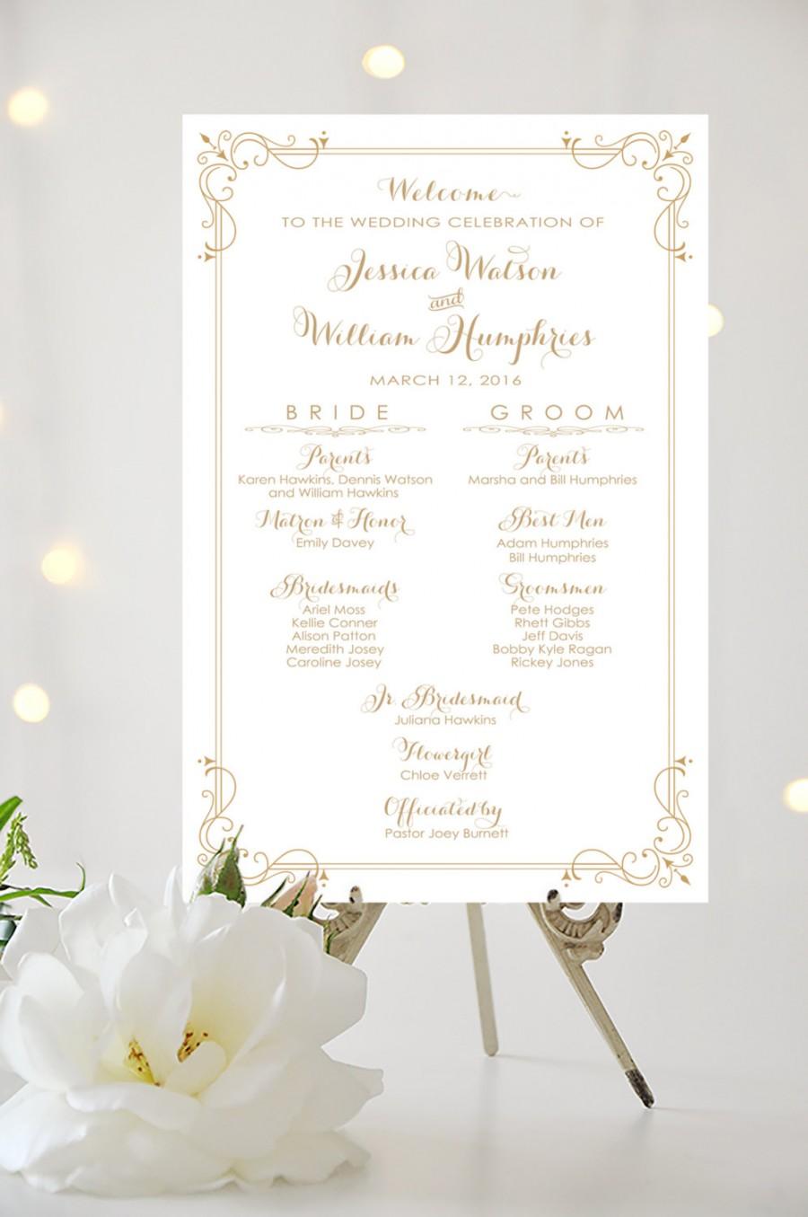 Hochzeit - Wedding Program Sign - Bridal Party Poster - Welcome Sign - Vintage Antique Gold - Personalized - I Create and You Print