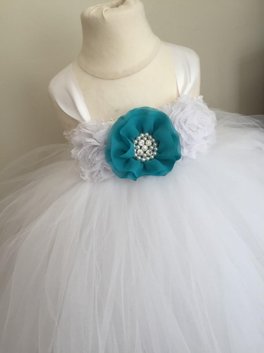 Mariage - Teal and white tulle flower girl dress, girls teal dress, teal wedding, girls teal tutu dress