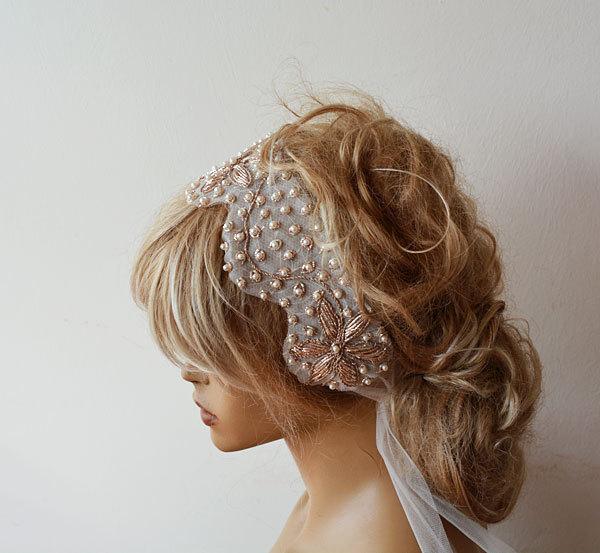 Hochzeit - Wedding Hair Accessories, Bridal  Headband,  wedding headband , Bridal Hair Accessories, Antique Gold Vintage Embroidery Headband