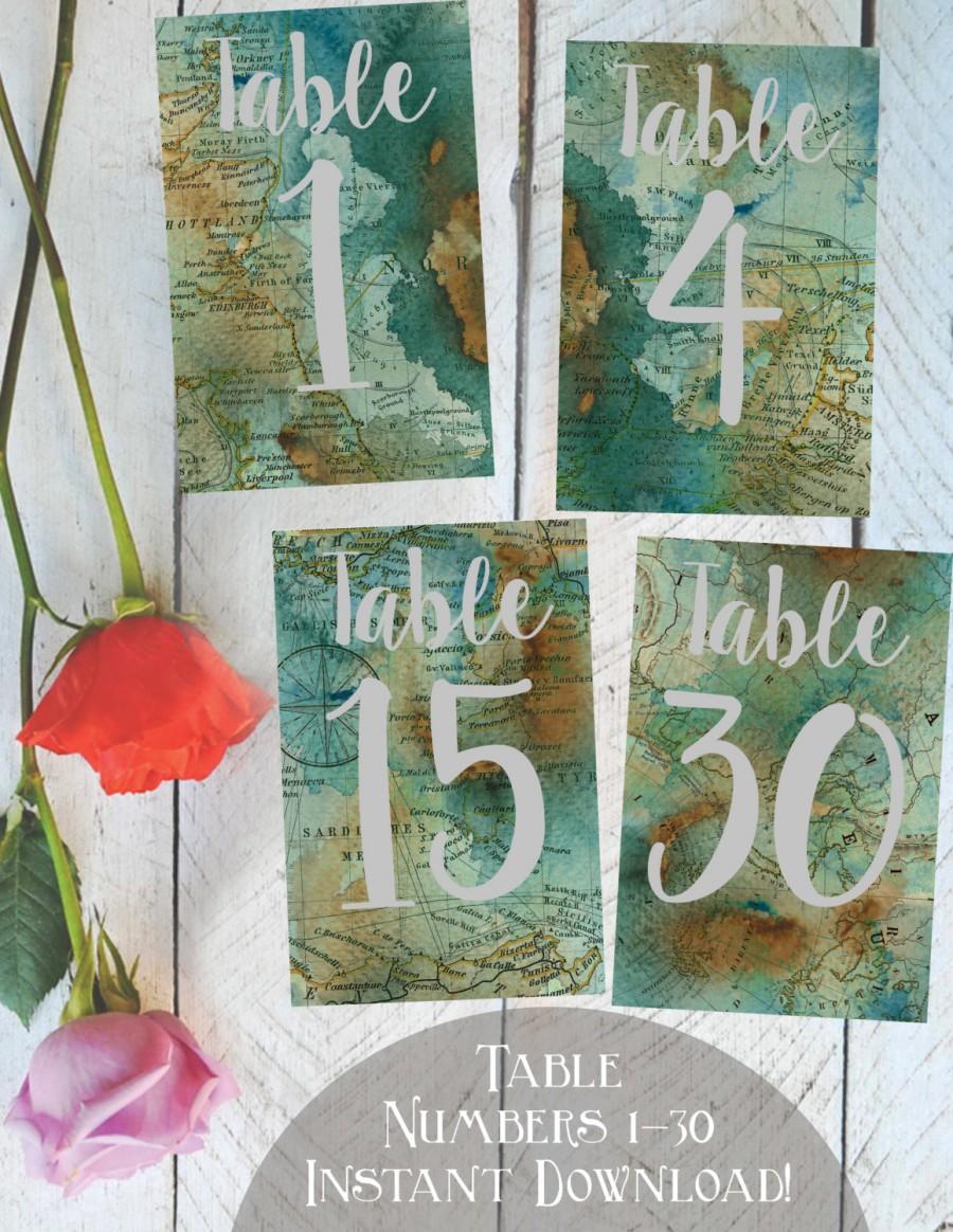 Hochzeit - Table Numbers 1-30, Printable, Vintage Map, Travel Themed Weddings or Parties, Instant Download!