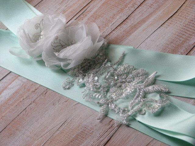 Hochzeit - Mint sash Mint dress sash Mint bridal dress Pale mint sash Wedding mint sash Bridesmaids mint gift Mint bridal sash Ivory lace sash