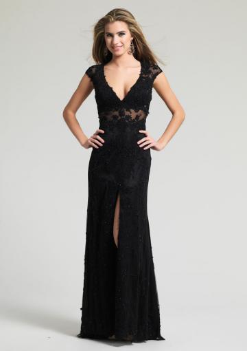Mariage - Ruched Black V-neck Appliques A-line Split Front Floor Length Chiffon Sleeveless