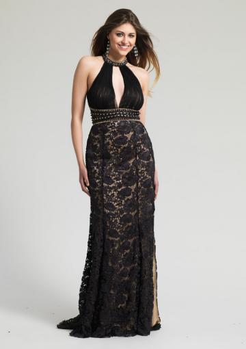 Mariage - Sweep Train Ruched A-line Halter Open Back Lace Black Sleeveless
