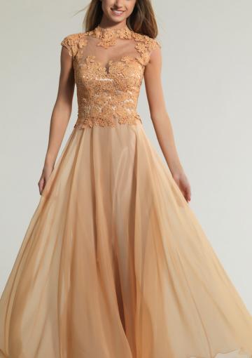 Mariage - Champagne High-neck Ruched Appliques Chiffon Floor Length Sleeveless