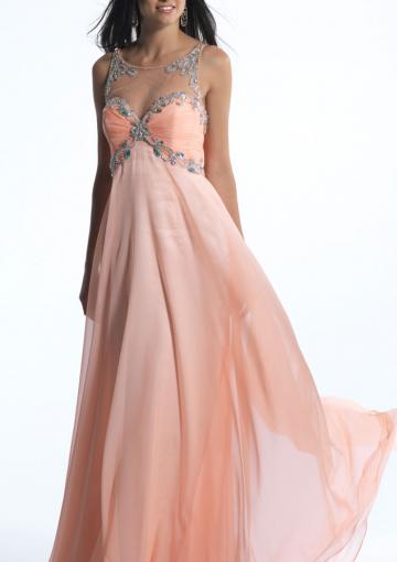 Mariage - Crystals Ruched Blush Chiffon Scoop Zipper Floor Length Sleeveless