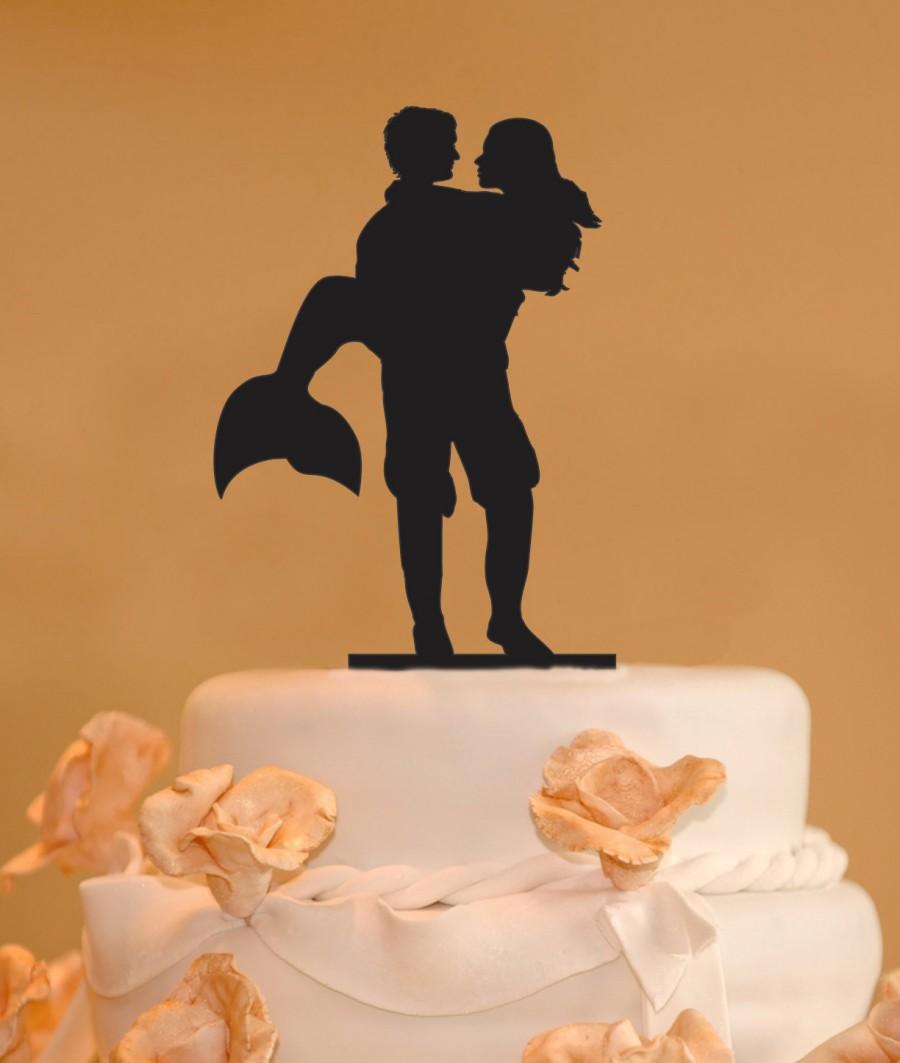 زفاف - Man holding a Mermaid wedding cake topper - Mermaid Wedding Cake Topper - Silhouette cake topper - man and mermaid silhouette cake topper