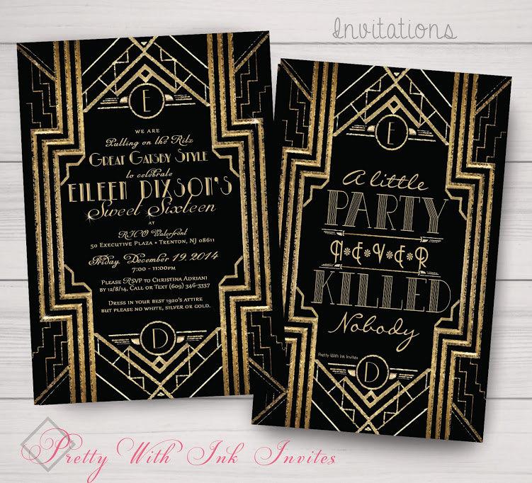 Mariage - Sweet Sixteen, Quinceanera, Wedding, Birthday Invitations: Gatsby, Roaring 20s, Gold & Black. Samples/Digital Files/Printed Orders Available