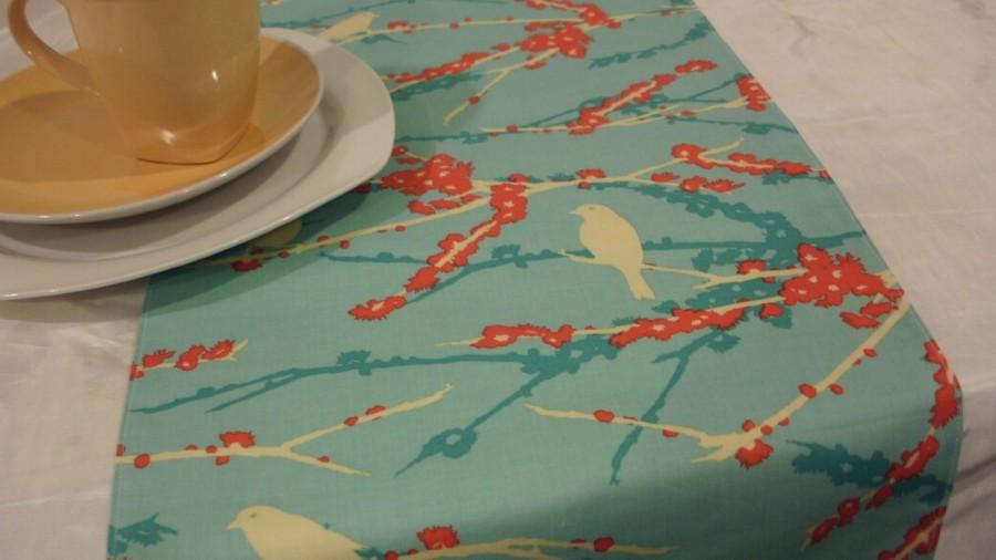 Wedding - CHOOSE SIZE RUNNER Double-Sided Aqua with Orange/Red Branch and Cream Ivory Bird Print Table Runner Other Side Cream color