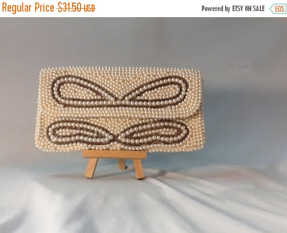 Wedding - SALE 1950s Pearl and Bugle Beaded Bow Or Butterfly Evening Wedding Cocktail Clutch Handmade Hand Beaded Pearl and Bugle Beaded Ribbon Bow Ba