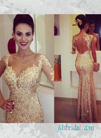 زفاف - PD16076 Glitter gold seuqined one shoulder sleeves mermaid prom dress