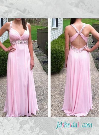زفاف - PD16077 Pink color cut out back chiffon slit prom dress