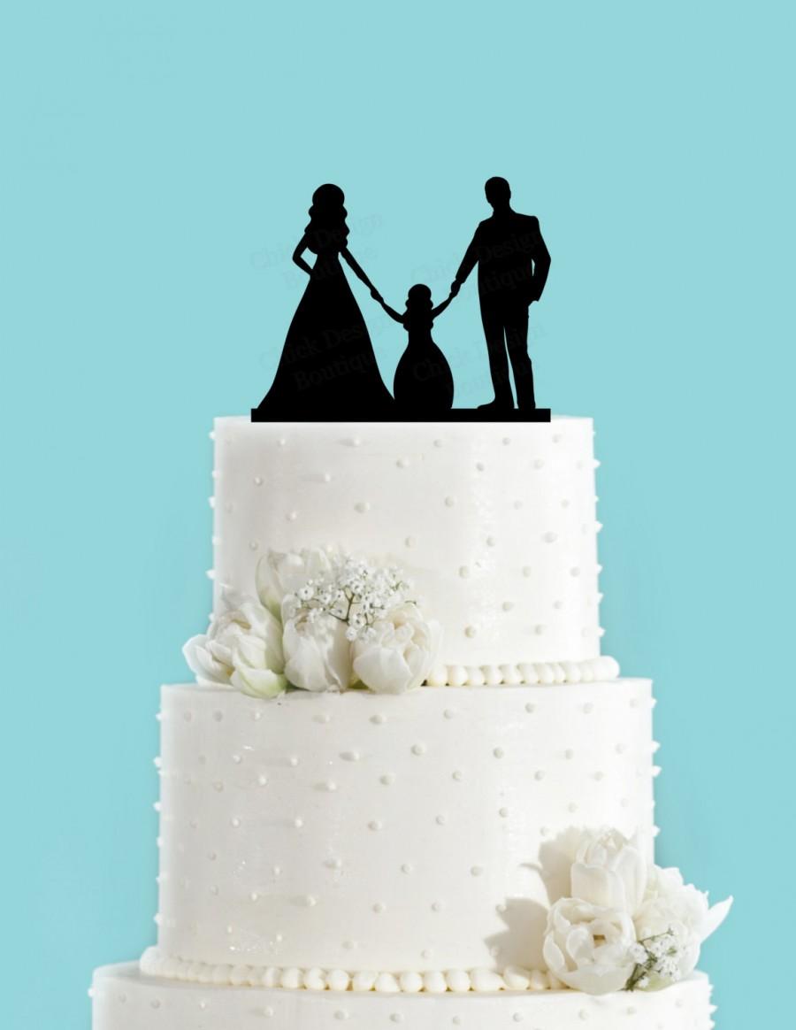 Mariage - Couple Holding Hands with Little Girl, Bride and Groom Wedding Cake Topper