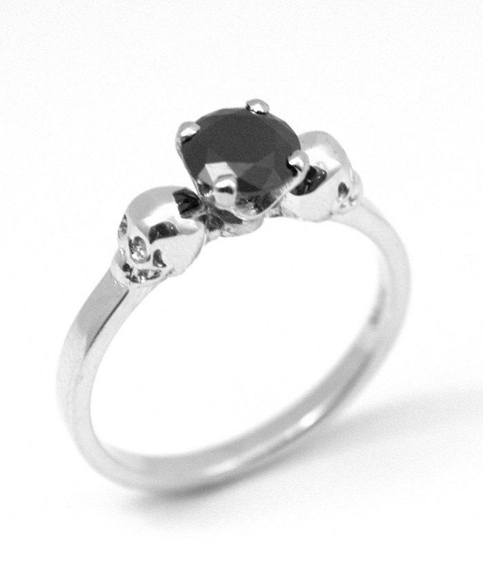 Wedding - Skull Ring Sterling Silver Diamond-Unique Hand Crafted Engagement Ring set with Black Diamond