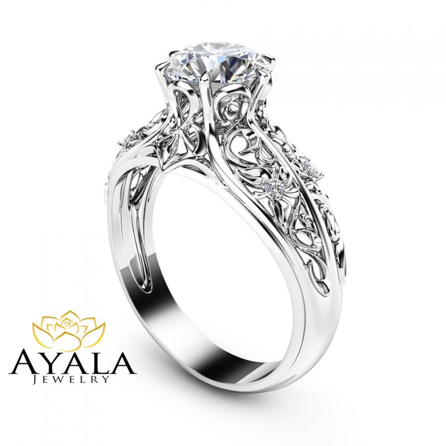 Wedding - Unique Engagement Ring 14K White Gold Diamond Ring Filigree Design Engagement Ring Unique Diamond Ring