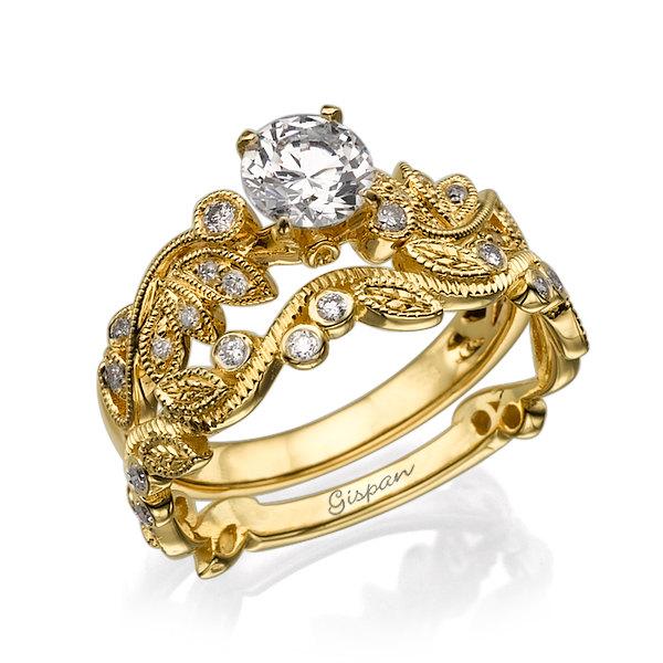 Wedding - Leaves Engagement Set Yellow Gold conflict free diamonds, Wedding Set, Art Deco ring, jewelry set, Gold Set Ring, Diamond set ring