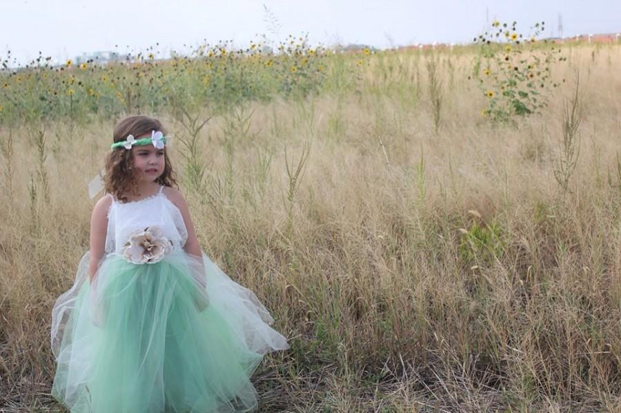 Wedding - Flower Girl Tutu Dress with Lace Collar, Mint Tulle Gown, Modest, Tweens, Teens, Wedding
