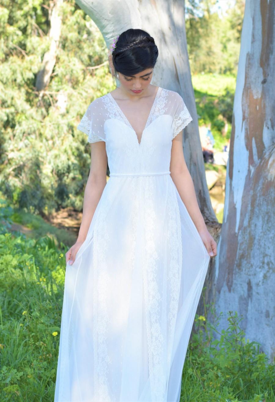 زفاف - Chloe - Romantic wedding dress with lace top and chiffon skirt, boho wedding dress, backless  wedding dress, beach wedding dress