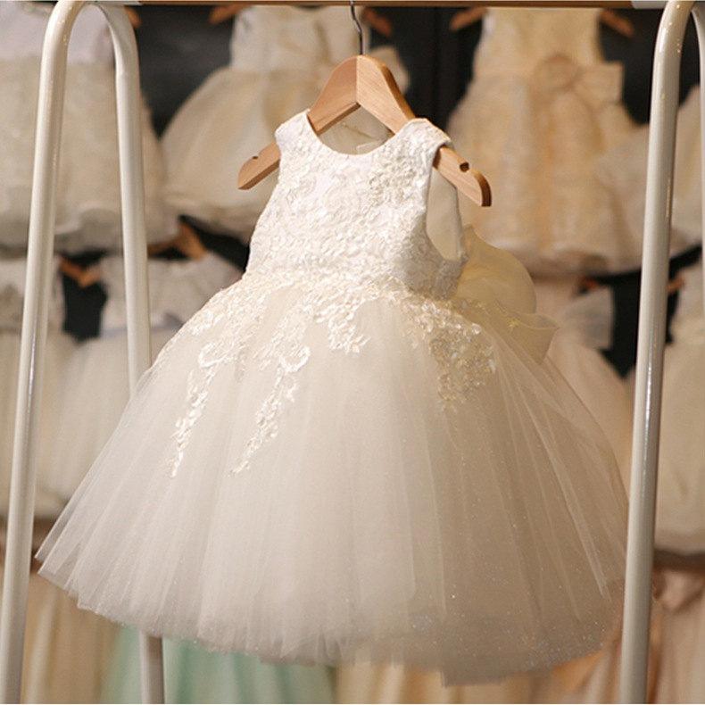 Mariage - Pure Elegance White Lace Flower Girl Dress, Christening or Baptism  Dress
