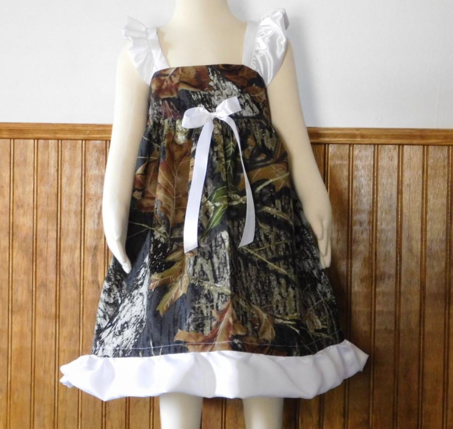Mariage - Flower girl camo sundress, White satin trim camo wedding dress, Girls Custom made camouflage dress, photo prop, Available in any color trim.