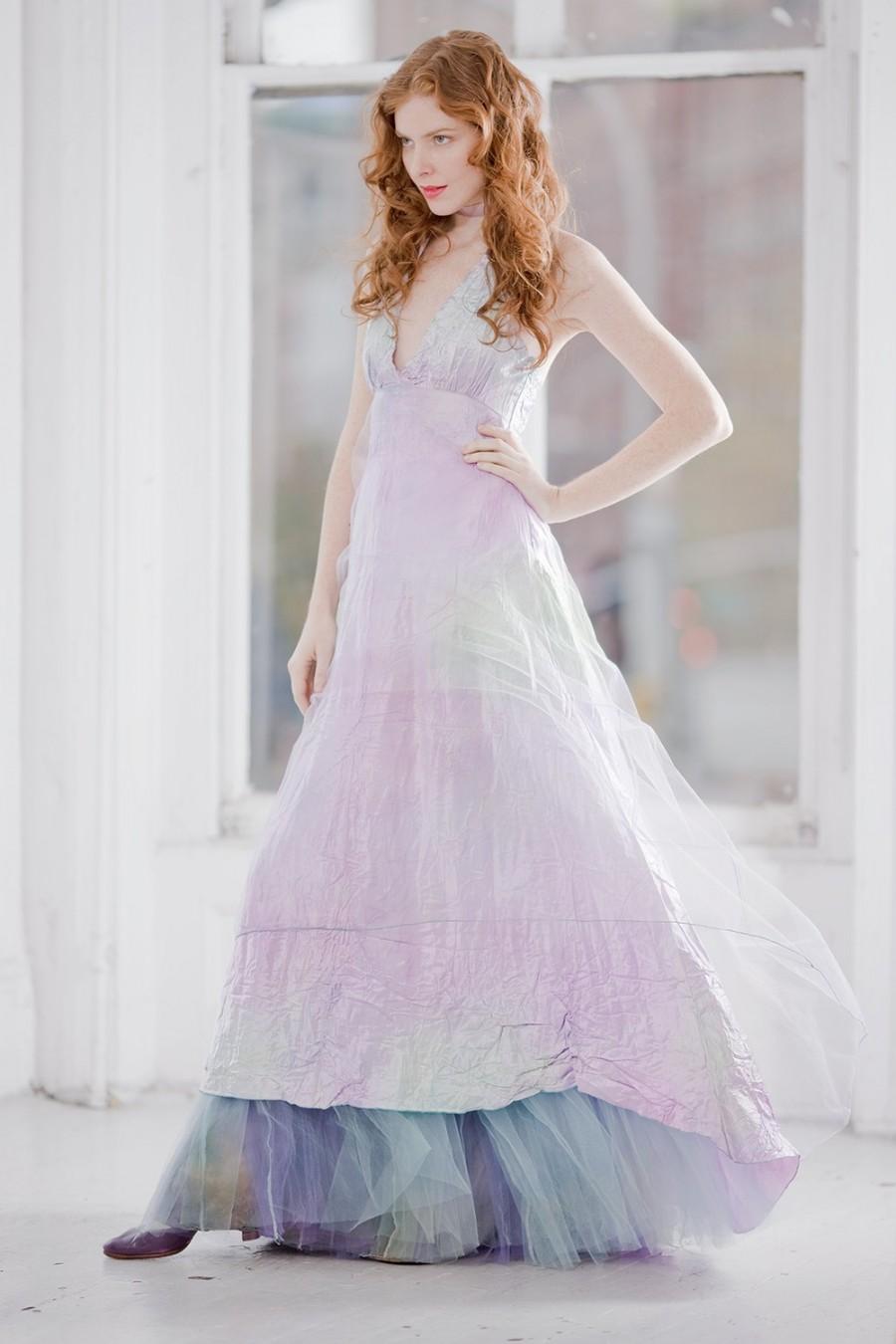 زفاف - Small Opalescent halter wedding dress  dress with tuille overlay and train custom order for your wedding boho bridesmaids beach bridal gown