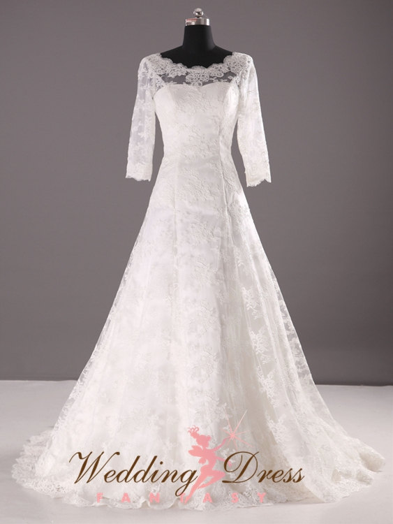 زفاف - Gorgeous Aline French Lace Wedding Dress with Sleeves Modest Neckline and V-back