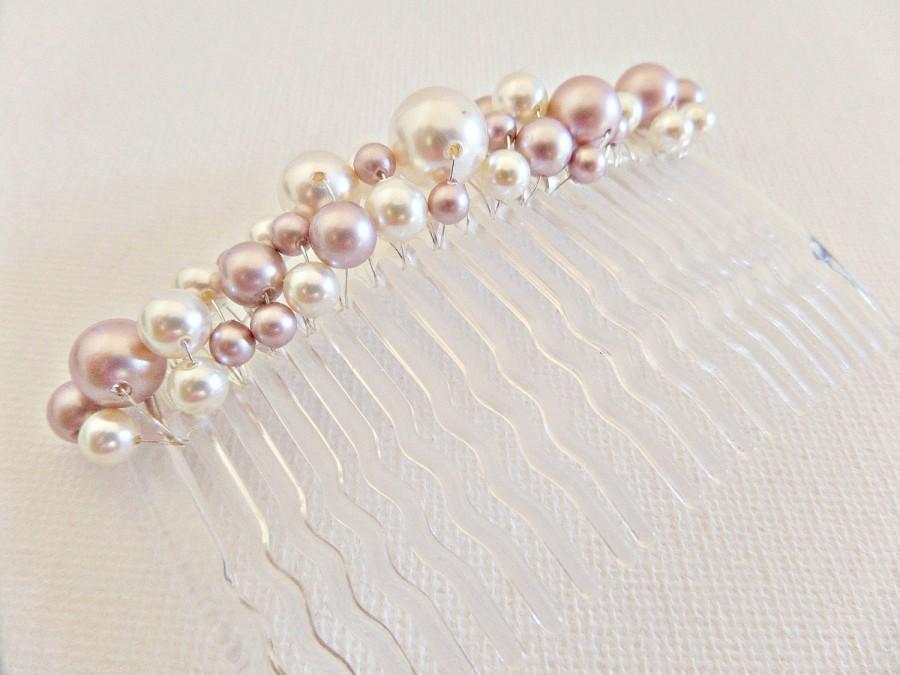 Wedding - Pearl hair comb, Pink crystal pearl hair comb, Dusky pink pearl comb, Bridal hair comb, Prom hair comb, Swarovski pearl comb, UK seller