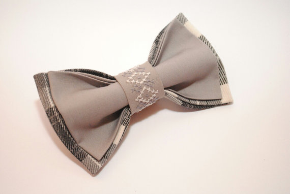 Wedding - Men's grey bow tie Plaid outfits Bowtie for men Stylish gift him Office tie Gifts for him Aniversary gift him her Embroidered acessories