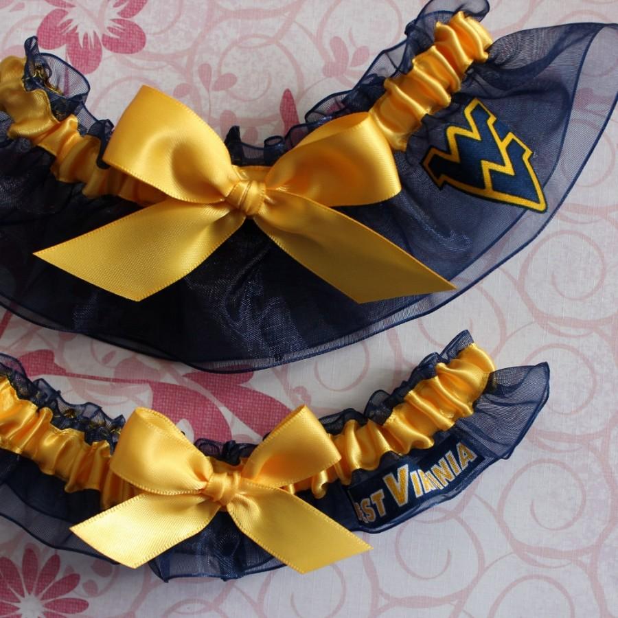 Hochzeit - custom WVU West Virginia MOUNTAINEERS fabric handmade into bridal tc wedding garters set with big gold bows - size xs s m l xl xxl or xxxl