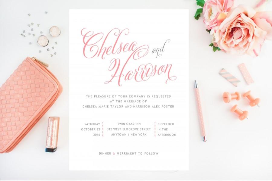 Mariage - Blush Pink Wedding Invitation - Calligraphy Style Wedding Invitation - Simple, Traditional Wedding Invitations - Elegant Wedding Invitation