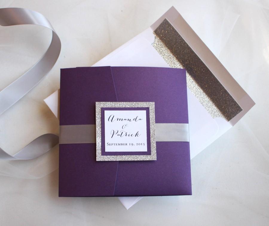 Свадьба - Glitter Wedding Invitations, Silver Glitter Invites, Purple and Silver Invitations - Sparkling Violette Pocketfold Invite Sample