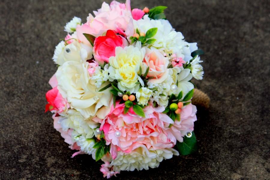 Свадьба - Wedding Bouquet, Blush Pink and Ivory Roses and Peonies, Bride or Bridesmaids, Ready to ship