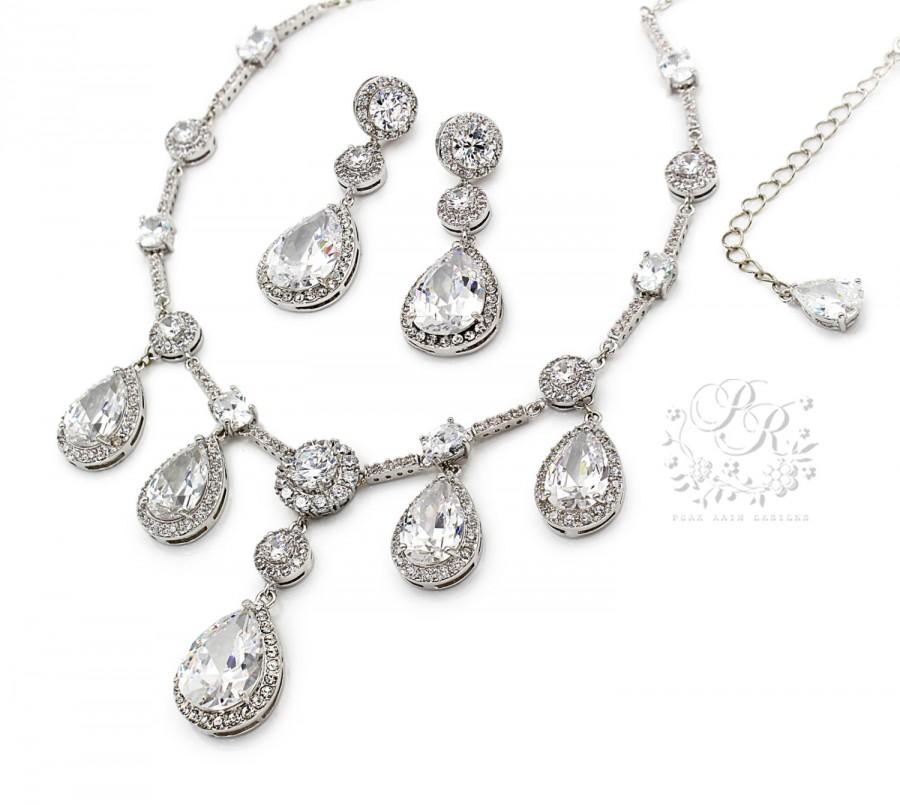 Hochzeit - Wedding Necklace Earrings set Platinum plated Teardrop Zirconia Necklace Earrings Wedding Jewelry Wedding Accessory Bridal Jewelry Tvis