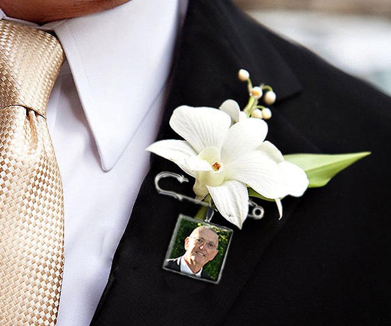 Mariage - A Boutonniere Charm Lapel Pin Custom Photo Memory Wedding Charm for the Groom