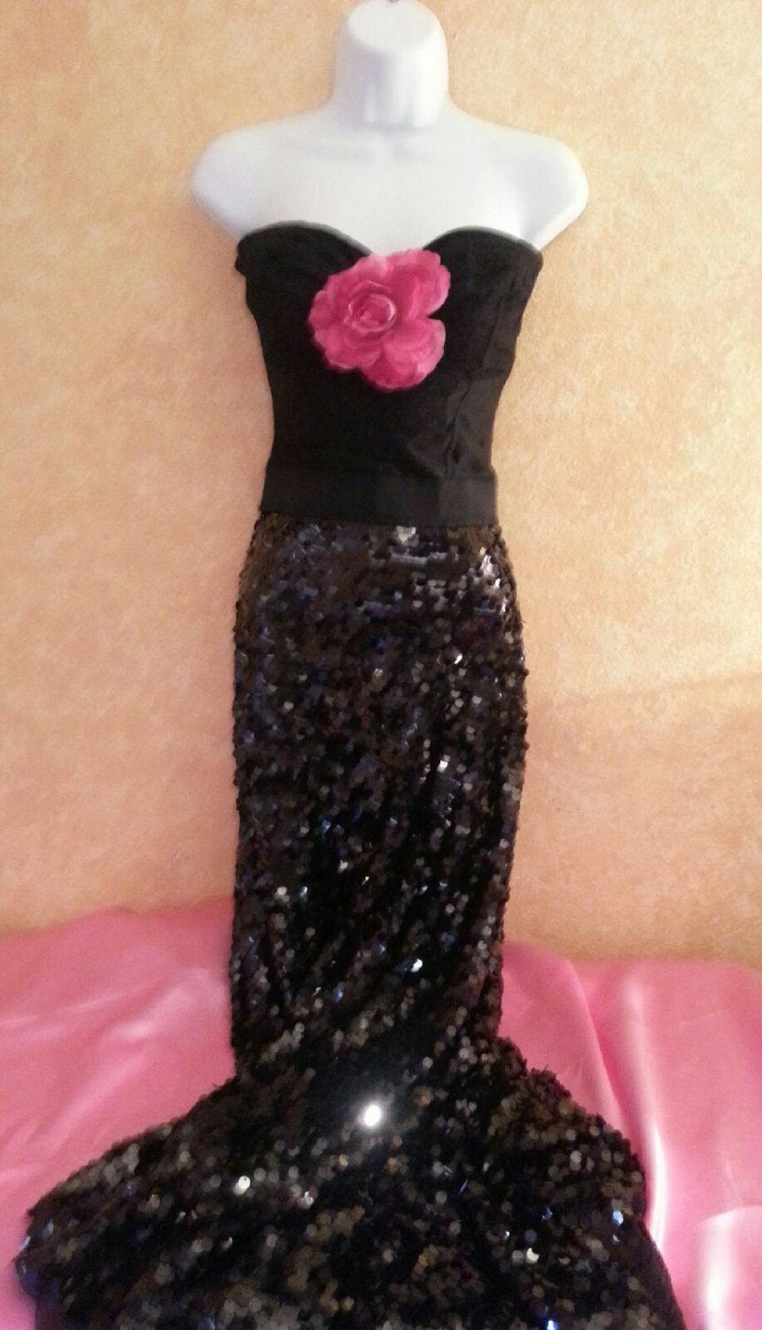 Mariage - Exotic Black Sequin Fuchsia Rose Corset Maxi Wrap Skirt Dress Bridal Wedding Gown Party Costume