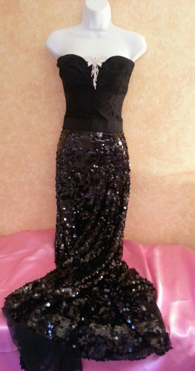 Mariage - Exotic Black Sequin Crystal Brooch Corset Maxi Wrap Skirt Dress Bridal Wedding Gown Party Costume