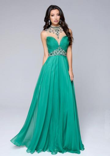 Свадьба - Green Open Back Chiffon Sleeveless A-line High-neck Ruched Crystals Floor Length