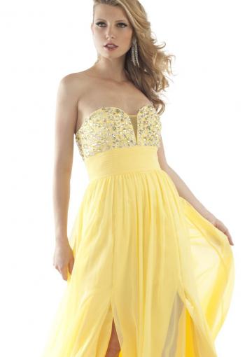 Mariage - Yellow A-line Sweetheart Ruched Crystals Chiffon Floor Length Sleeveless