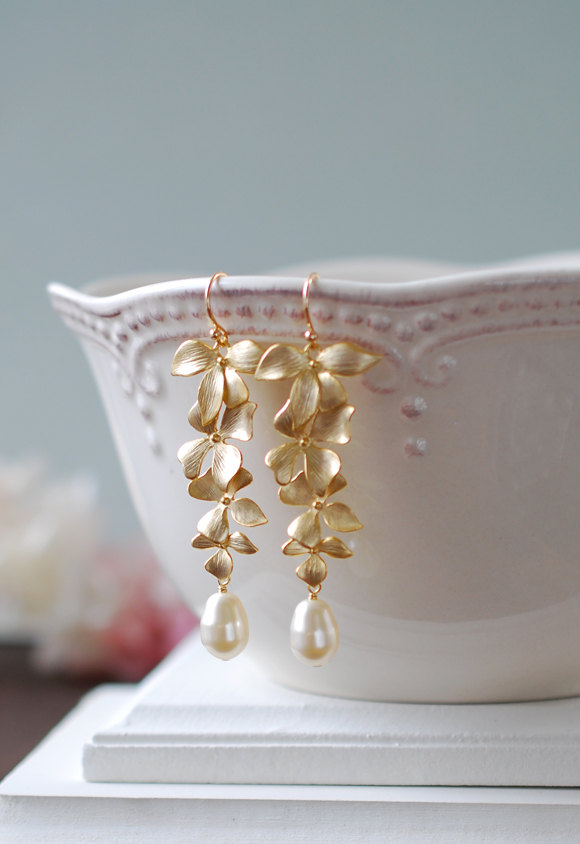 Hochzeit - Bridal Earrings, Gold Orchid Cream Teardrop Pearls Earrings, Gold Wedding Earrings, Swarovski Pearl Earrings