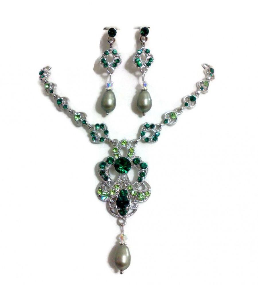 Wedding - Emerald Green Bridal Jewelry Set, Crystal Pearl Earrings, Ombre Wedding Necklace, MERMAID