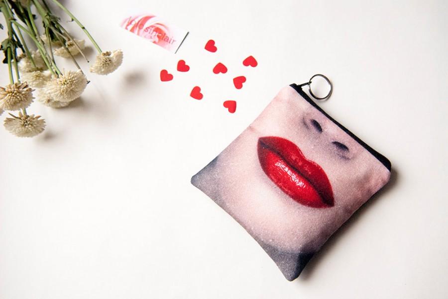 Wedding - Gift for her clutch, Bridesmaid clutch, Wedding Clutch, Red Lips Cosmetic Bag Clutch, Small makeup bag